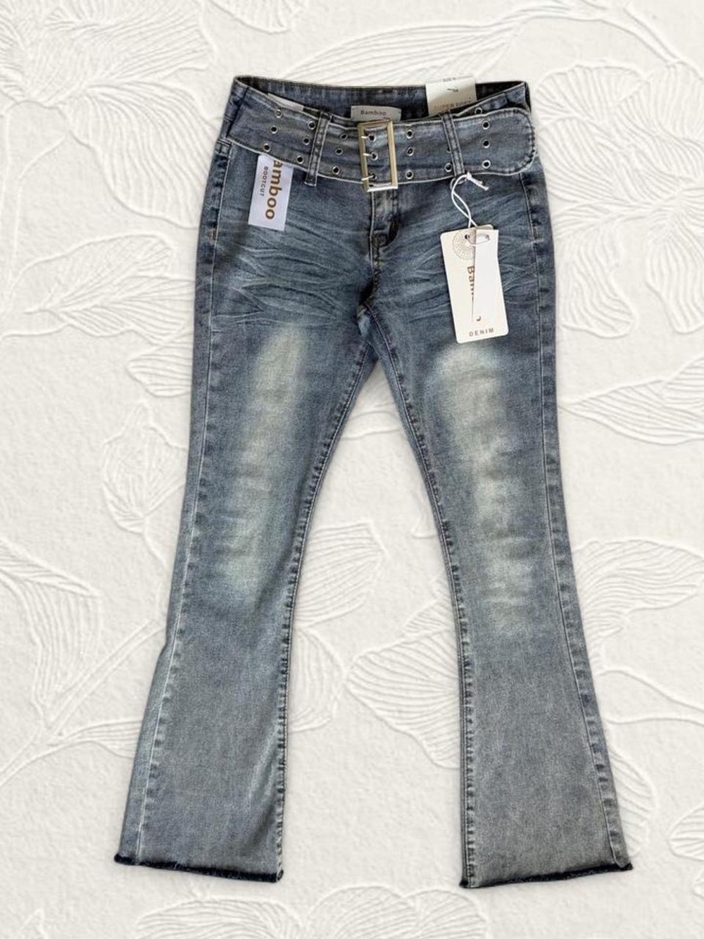 BAMBOO Women's Light Faded Blue Low Rise Flare Jeans with Studded Belt